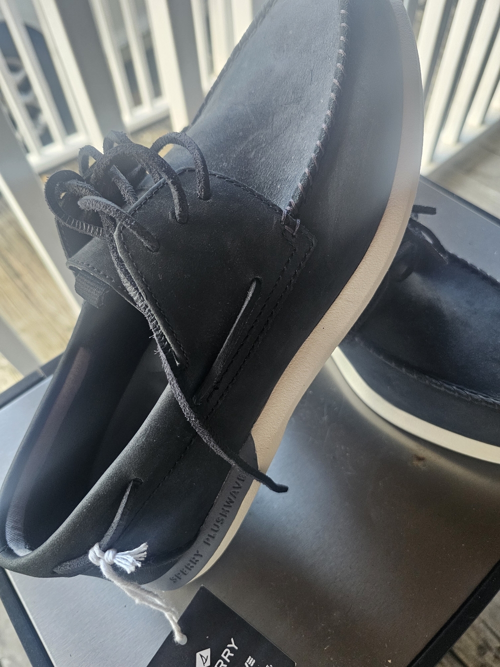 Sperry Black Leather Two-Eye Boat Shoes with Cream Sole Size 11.5